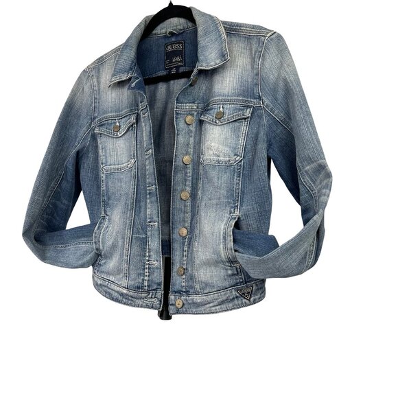 Guess Denim Trucker Jacket Faded Blue Light Wash Size L Women's Large - Picture 14 of 16